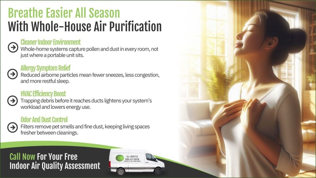 This is an image of a woman taking a deep breath in her home. The headline reads breathe easier all season with whole house air purification.