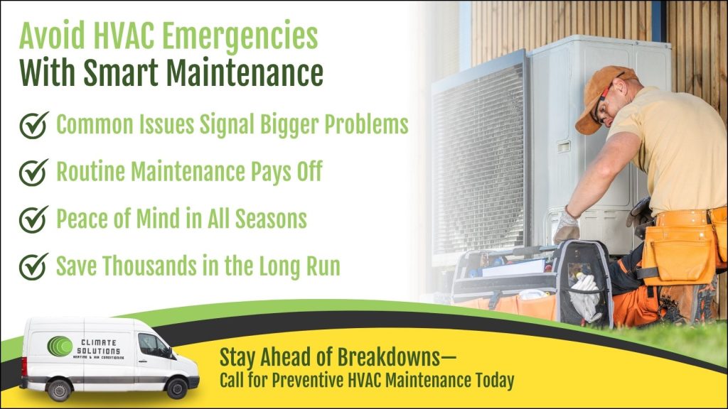 This is an image of an HVAC technician working on an AC unit. The headline reads avoid HVAC emergencies with smart maintenance.