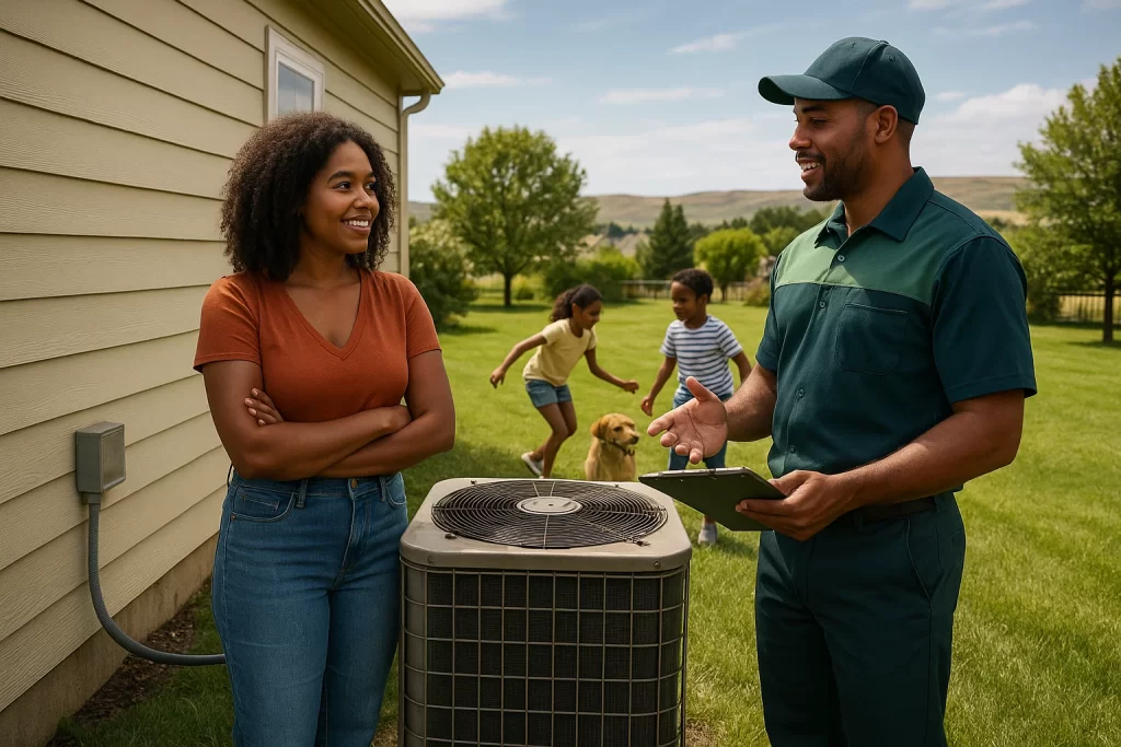 Homeowner reviewing AC replacement options with HVAC technician in backyard