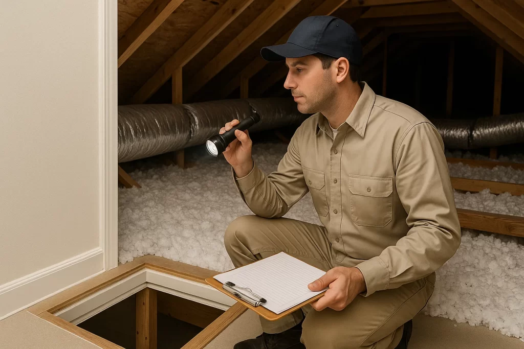 Technician inspects attic insulation to improve summer energy efficiency