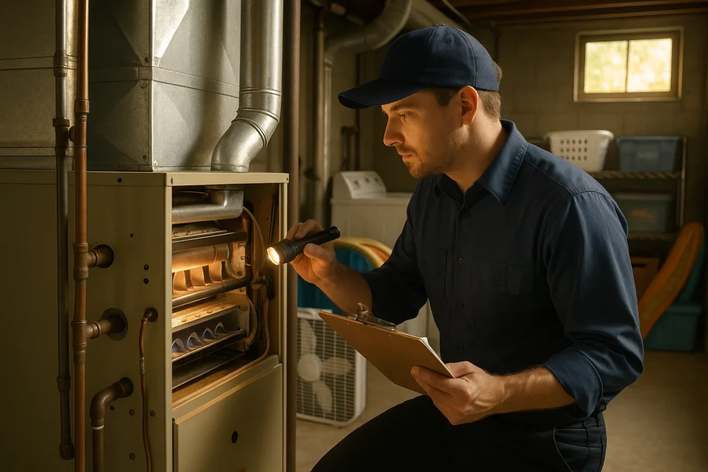technician inspecting gas furnace burners during late summer pre-season maintenance