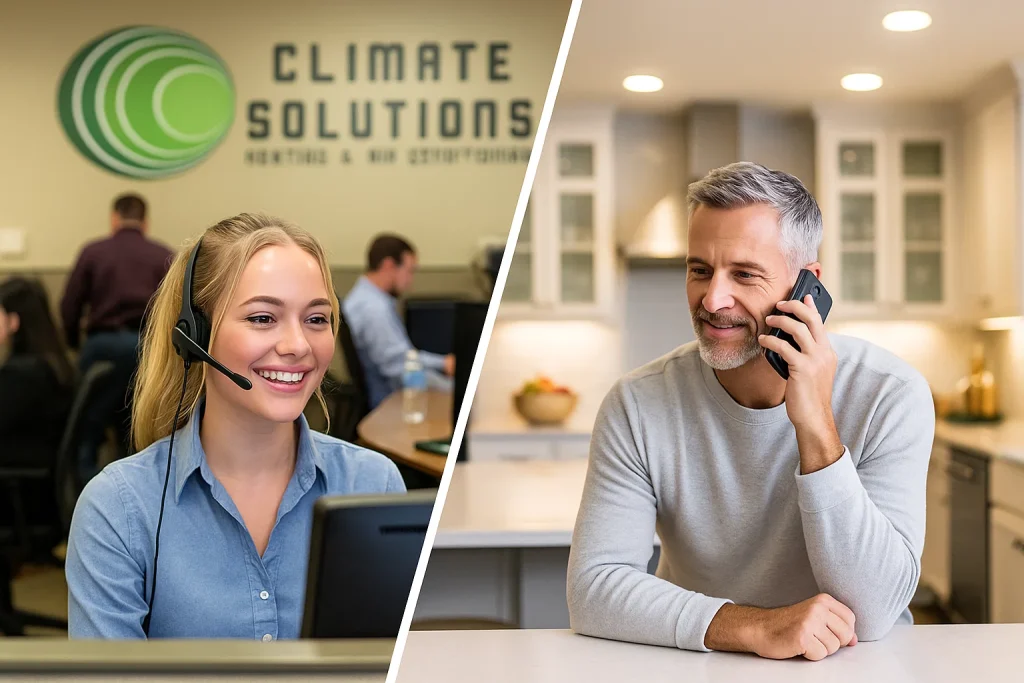 Split image of a homeowner calling a Climate Solutions sales rep for maintenance.