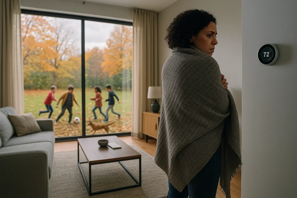 Homeowner wrapped in blanket looking confused at thermostat while kids play soccer with dog outside on cloudy fall day