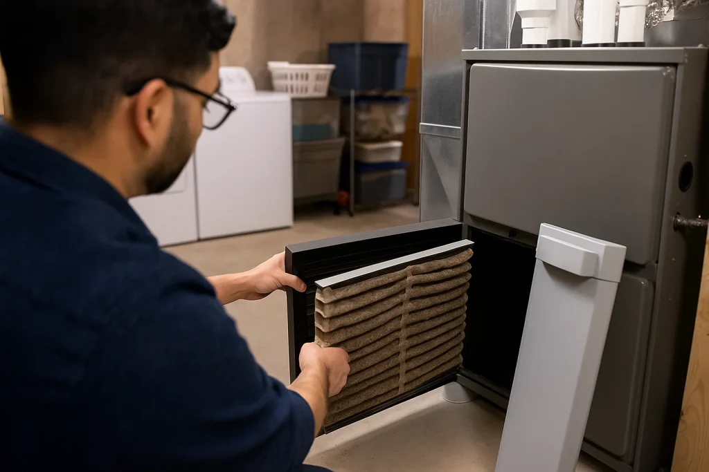 An HVAC technician changing out immediate filter in a furnace