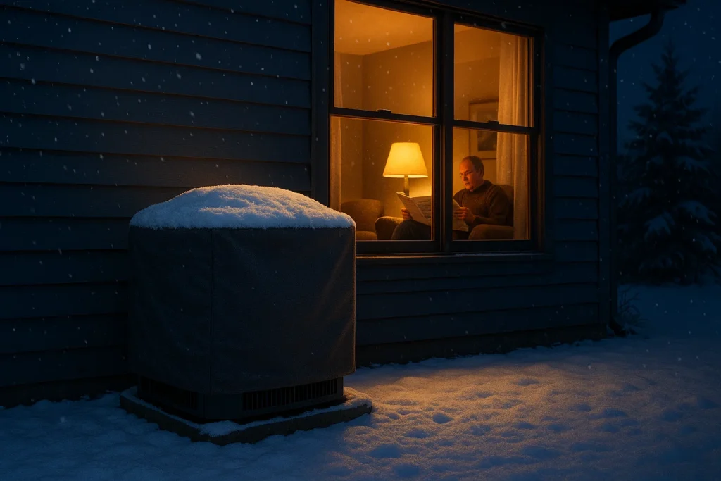 snow-covered AC condenser with protective cover outside Wyoming home at dusk, homeowner visible through warmly lit window reading newspaper indoors