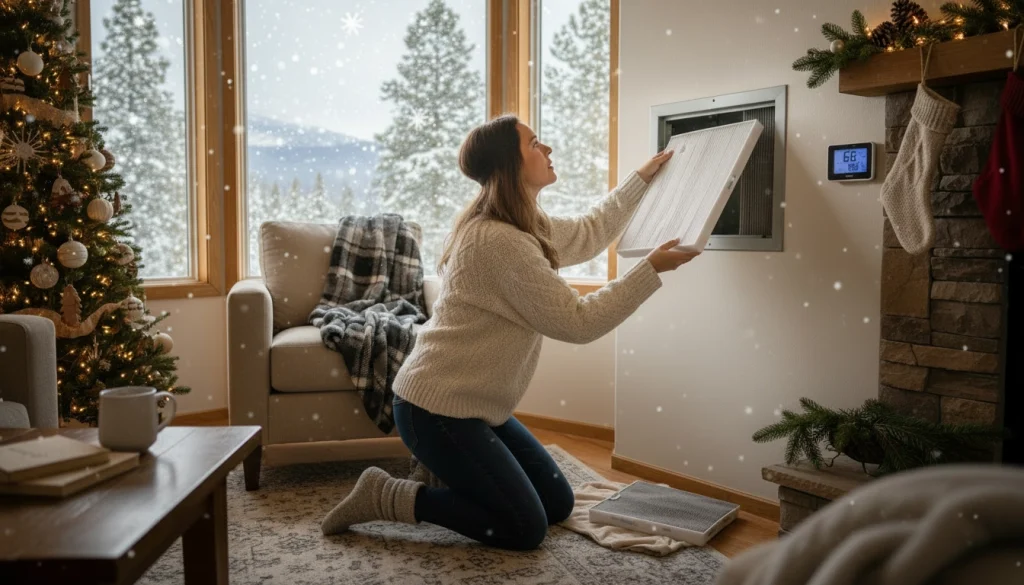 Homeowner replacing HVAC air filter during winter in Gillette, Wyoming