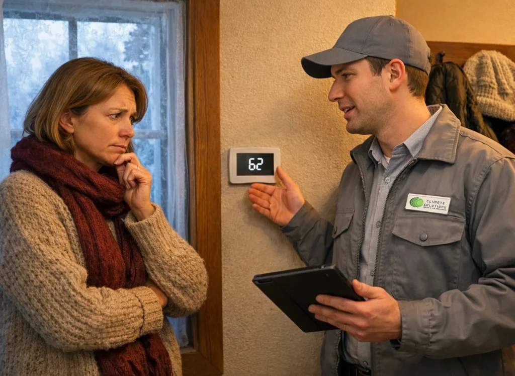 HVAC technician explains furnace short cycling during winter freeze