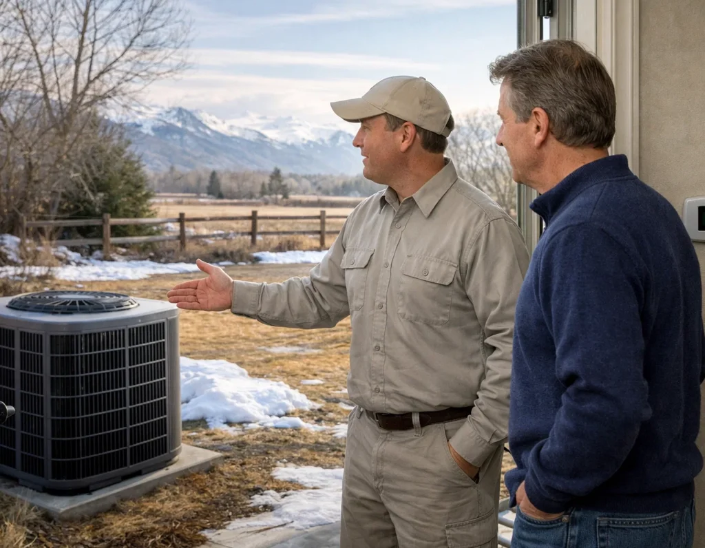 Wyoming homeowner reviewing spring HVAC preparation with technician