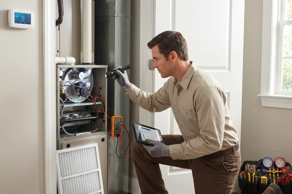 HVAC technician inspecting system for new homeowner