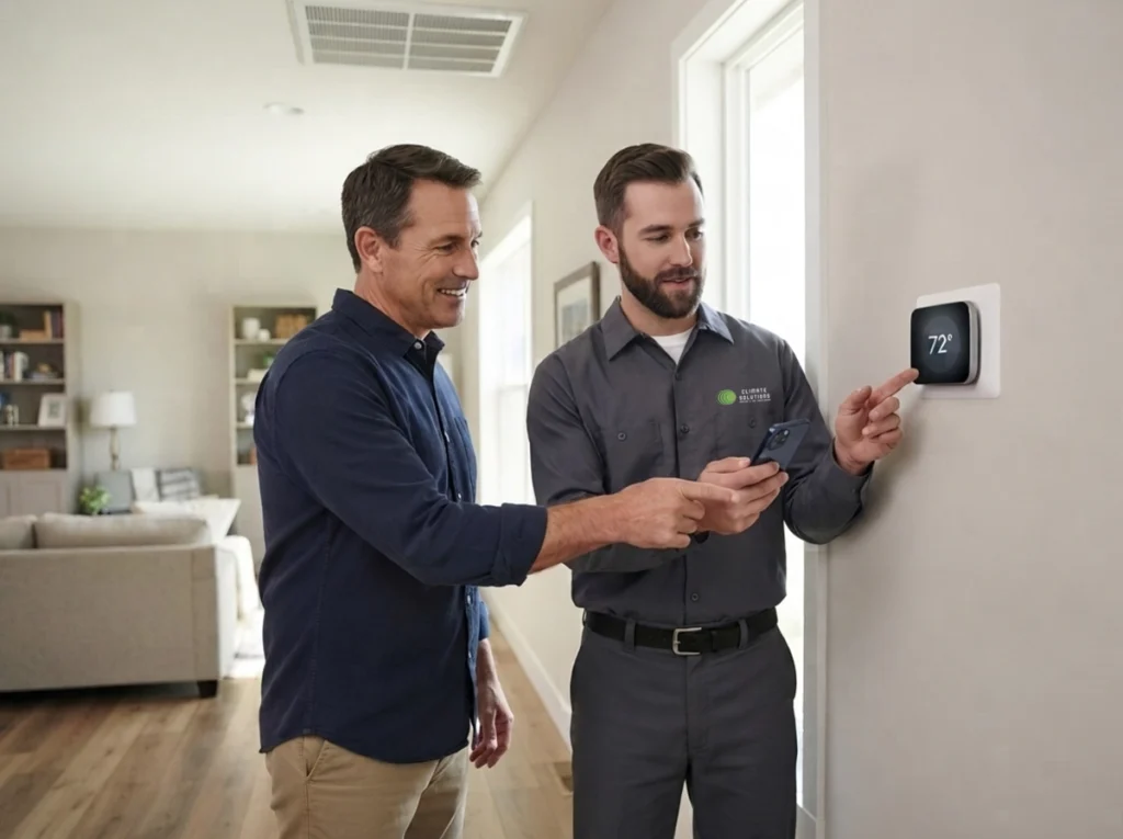 Gillette homeowner learning smart thermostat controls from HVAC technician