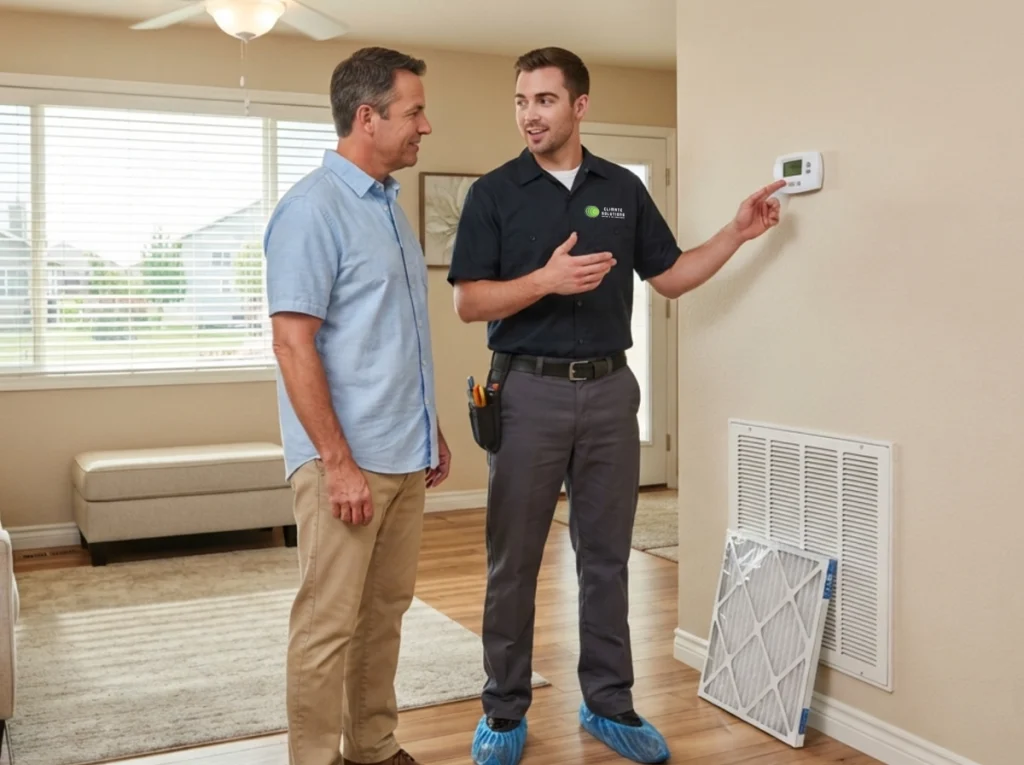 Homeowner reviewing summer cooling savings with HVAC technician