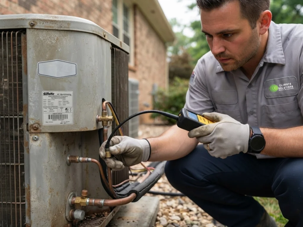 HVAC technician checking for a refrigerant leak in a Gillette air conditioner