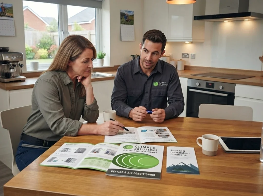 The homeowner and an HVAC technician discussing maintenance plans.